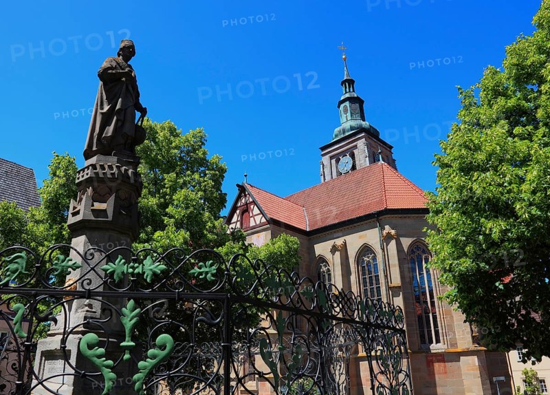 Regiomontanus Fountain on the market square and late Gothic, Evangelical-Lutheran St Mary's Church, Königsberg in Bavaria, Königsberg i.Bay, town in the district of Haßberge, Lower Franconia, Bavaria, Germany