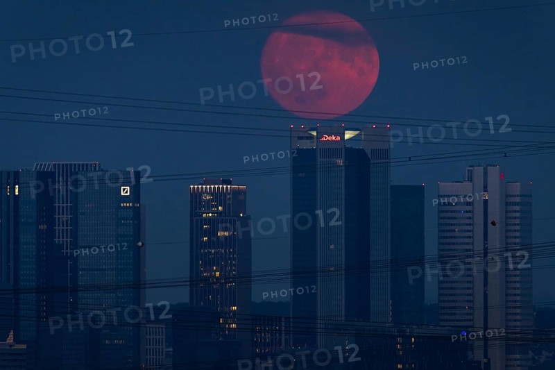 The red full moon passes over Frankfurt's banking skyline. Because of its reddish colour when it rises, the full moon in July is also known as the strawberry moon or blood moon, Frankfurt am Main, Hesse, Germany