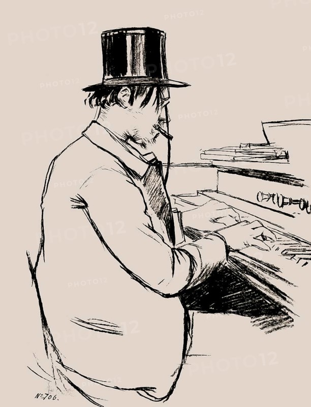 Erik Satie, 1866 – 1925, a French composer and pianist, playing the Harmonium, Caricature by Santiago Rusiñol, digitally edited