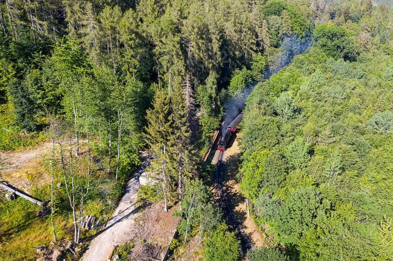 Aerial view of the Harz narrow-gauge railway in the Thumkuhlental valley between Wernigerode and Drei Annen Hohne, Harz, Saxony-Anhalt, Germany