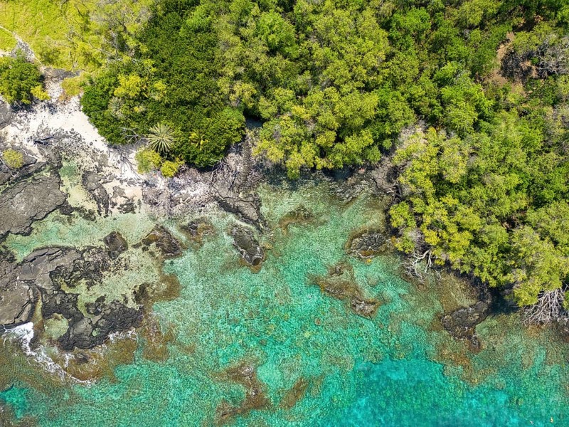 Aerial view of Kealakekua Bay at the end of the Captain James Cook Monument Trail, Kealakekua Bay State Historical Park, Big Island, Hawaii, USA, North America