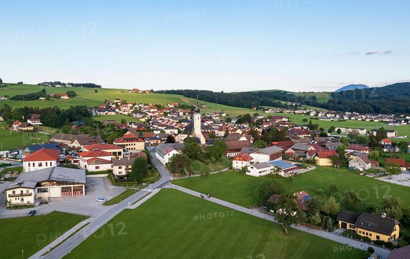 Drone image, view of the village with parish church, Anthering, Flachgau, Salzburg province, Austria