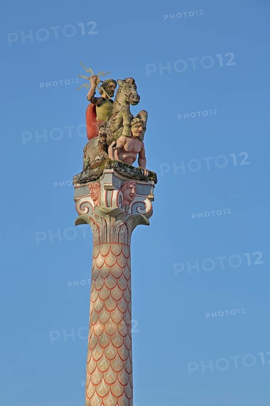 Roman equestrian figure with god Jupiter and sceptre, Roman, mythology, figure, ancient art, Jupiter giant column, Jupiter column, Roman open-air museum, detail, cut-out, Roman museum, Schwarzenacker, Homburg, Saarland, Germany