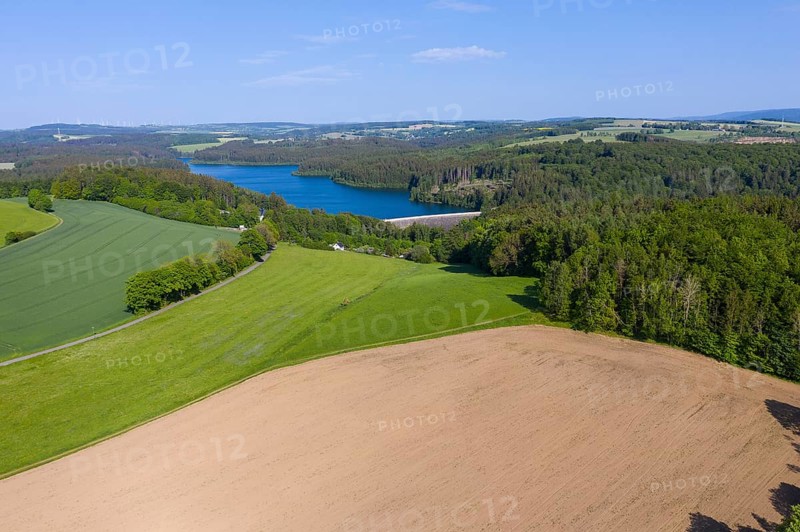 Aerial view of the Saidenbach dam with dam wall from the west, Reifland, Pockau-Lengefeld, Erzgebirge, Saxony, Germany