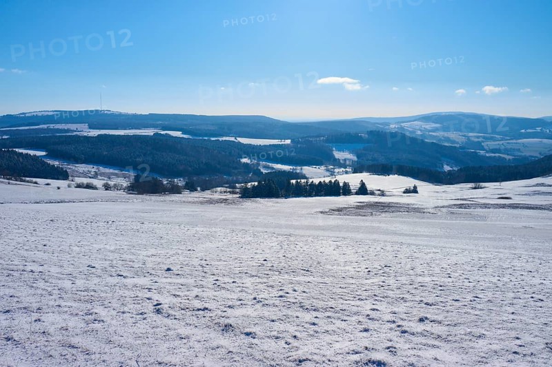 Snow-covered hills under a clear blue sky, winter, Heidelstein, Wasserkuppe, Gersfeld, Rhön, Hesse, Germany