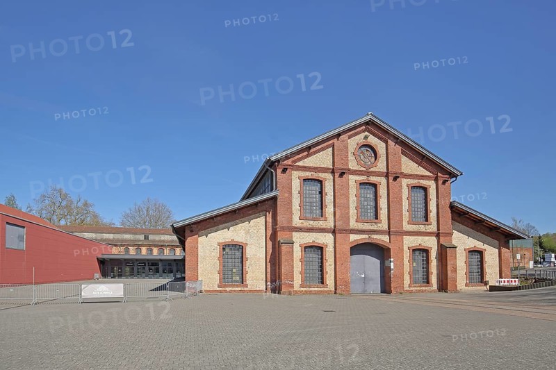 Industrial monument at former ironworks, brick building, symbol for industry, manufacturing, processing, technical production of metal processing, machine tool, machine, technology, ironworks, ore mine, chapel, sign, entrance, museum, cultural monument, Alte Schmelz, St., St, Sankt Ingbert, Saarland, Germany