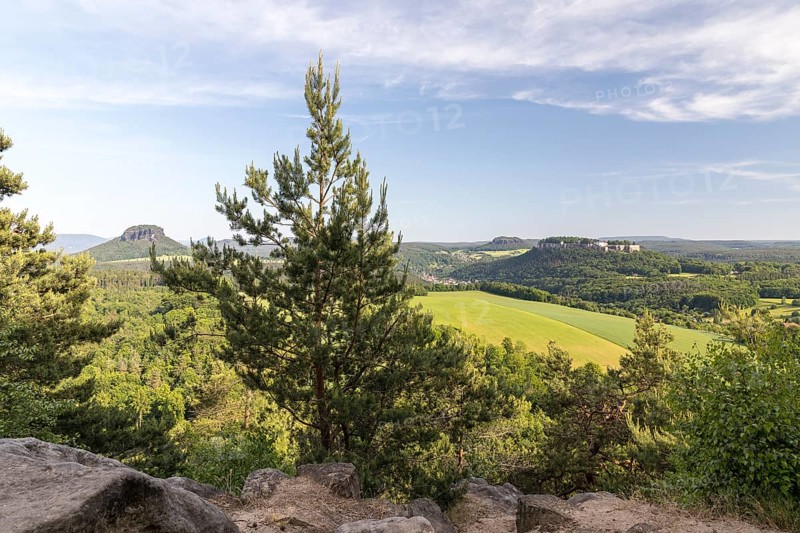 View from Kleiner Bärenstein to Lilienstein, Pfaffenstein and Königstein Fortress, Saxon Switzerland, Saxony, Germany