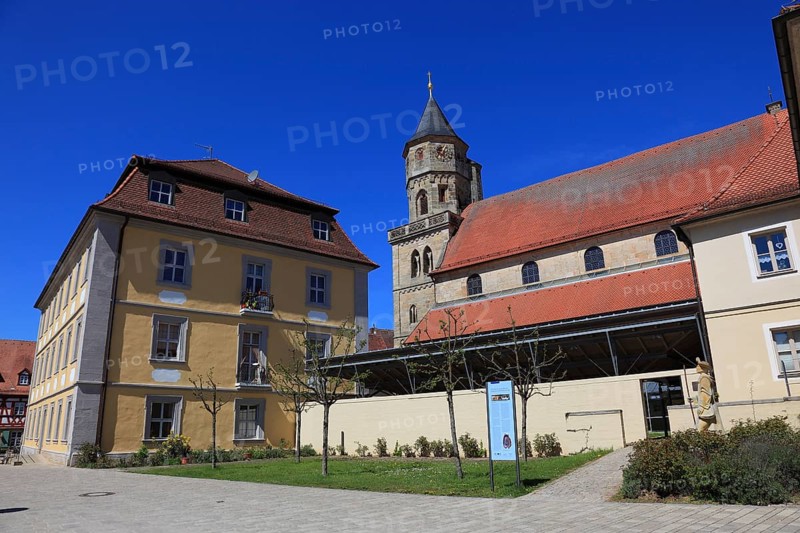Old office building and tower of St Michael's Church, Neunkirchen am Brand Monastery, Augustinian Canons Monastery, Neunkirchen am Brand, Forchheim district, Upper Franconia, Bavaria, Germany