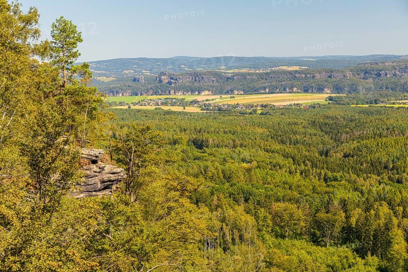 On the Großer Zschirnstein, view of the Falkenstein and the Schrammsteine, Reinhardtsdorf-Schöna, Saxon Switzerland, Saxony, Germany