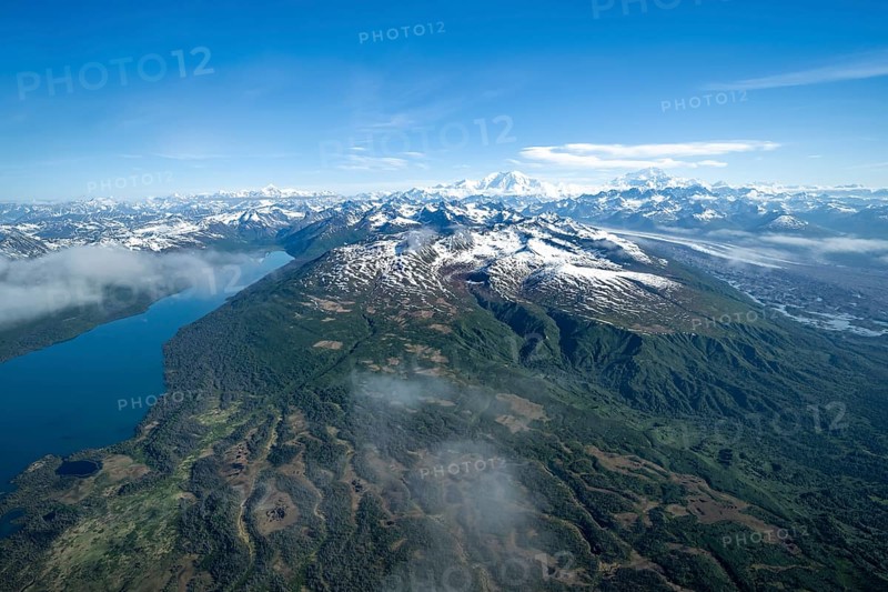 Chelatna Lake, Mt Foraker and Mt Denali or Mount McKinley, aerial view, Alaska Range, Denali National Park, Alaska, USA