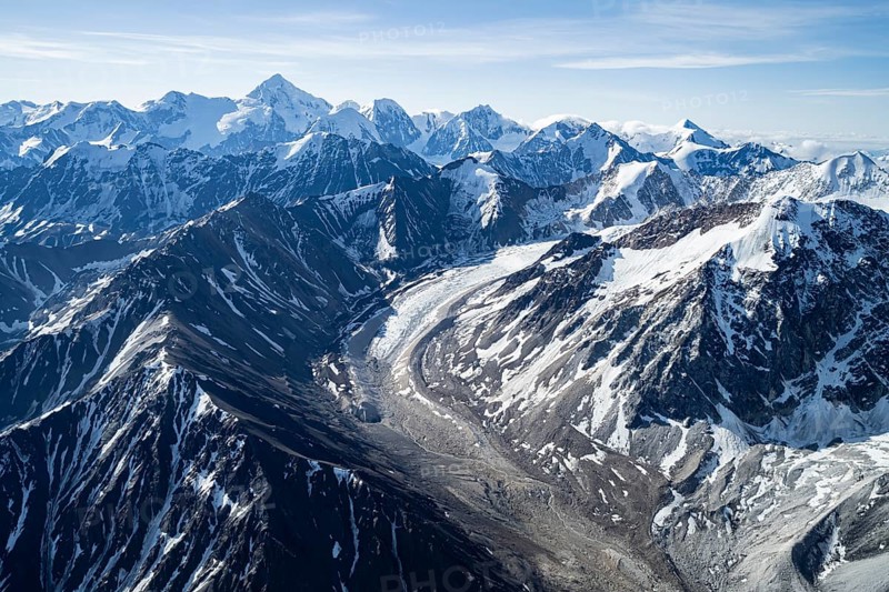 Snow and ice, epic mountains with glaciers, aerial view, Alaska Range, Denali National Park, Alaska, USA