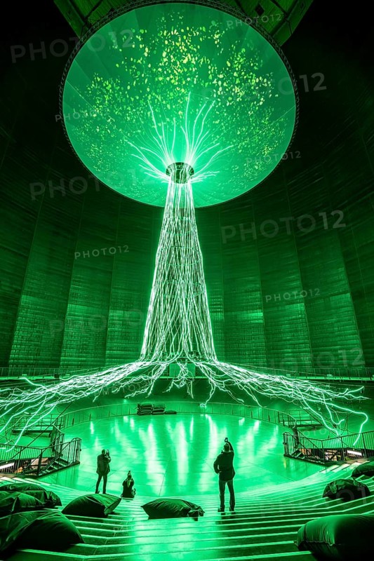 New exhibition at Gasometer Oberhausen, art sculpture The Tree, 40 meter high light installation, shows different stages of a tree with light and music, exhibition Myth Forest, on 3 levels and with several thematic chapters, the exhibition shows the diversity of the world's forests with pictures, videos and exhibits, North Rhine-Westphalia, Germany
