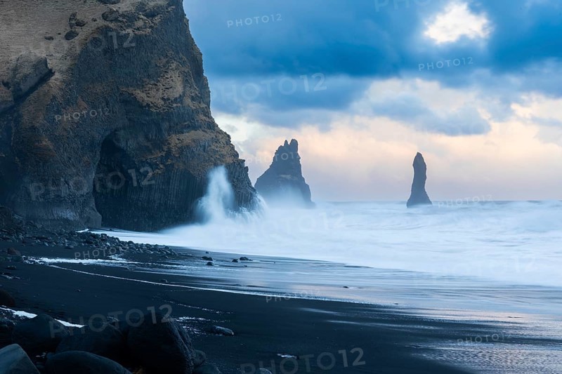 Reynisdrangar pinnacles, lava sandy beach, lava rocks, sea, waves, surf, sunset, Vik, Iceland, Scandinavia