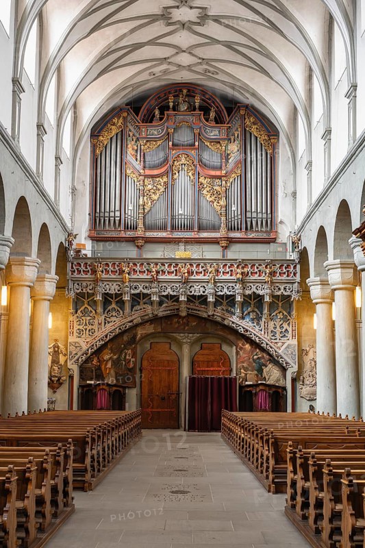 Interior view of Constance Cathedral with a view through the main nave of the magnificent organ and the historic gallery, Constance, Konstanz district, Baden-Württemberg, Germany
