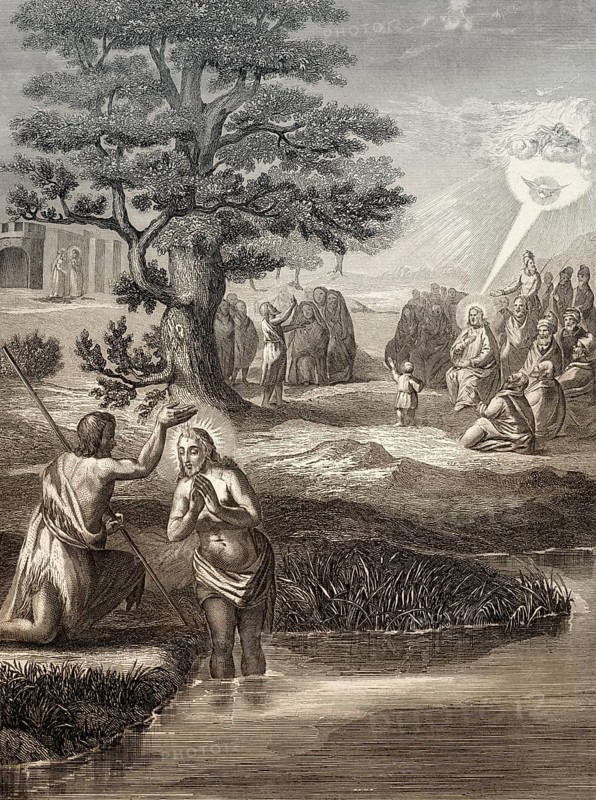 Baptism of Jesus by John the Baptist at the Jordan river, Steel engraving 1853, digitally restored