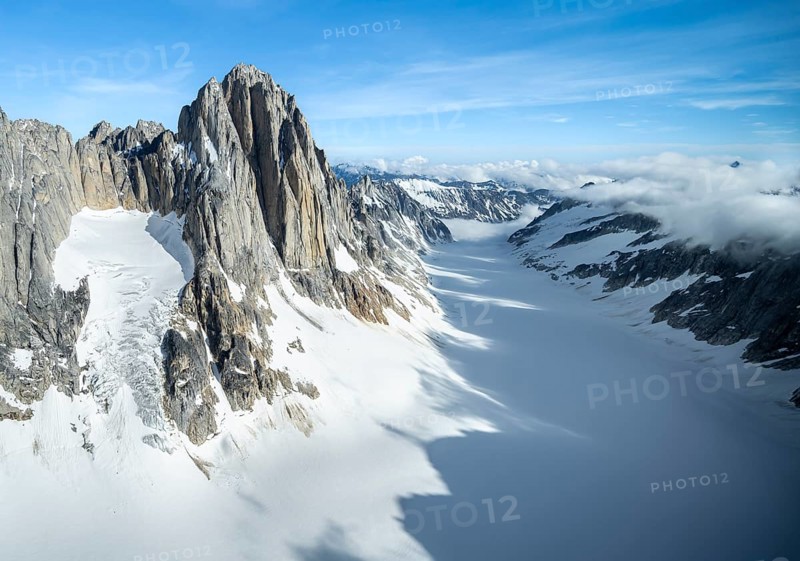 Cliffs, Kichatna Spires, snow and ice, epic mountains with glaciers, aerial view, Alaska Range, Denali National Park, Alaska, USA