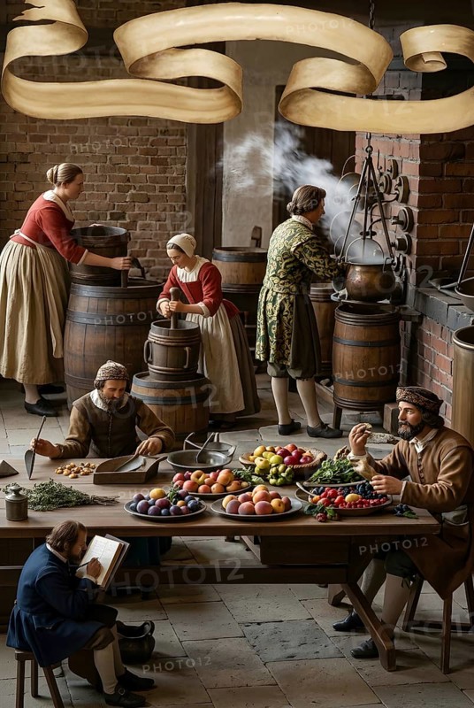 Kitchen in 1694, symbolic image of the Middle Ages, history, guild, craft, sugar, confectionery, sweet, calorie, fruit, craftsmanship, historical illustration, digitally processed