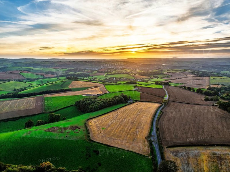 Colours of Devon Farms and Fields over Berry Pomeroy from a drone, Totnes, England, United Kingdom