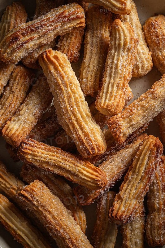 Top view of freshly baked, sugar-coated churros piled in a ceramic bowl, sprinkled with cinnamon, giving a cozy, homemade dessert vibe with a moody ambiance