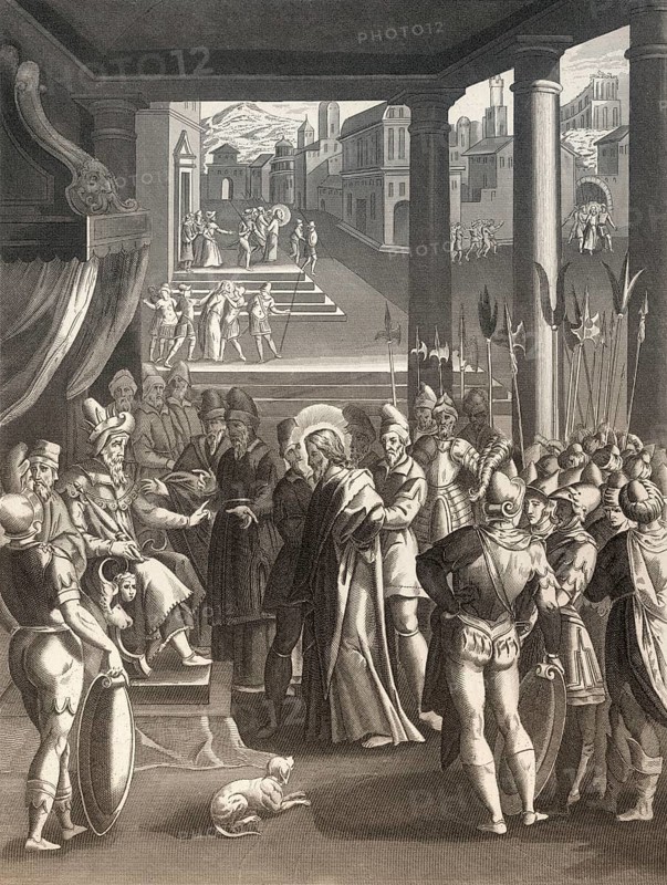 Jesus at Herod's court, New Testament, steel engraving 1853, digitally restored