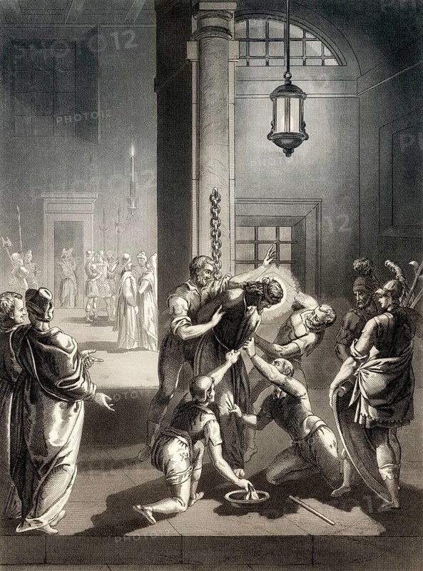 After the Sanhedrin trial of Jesus, New Testament, steel engraving 1853, digitally restored