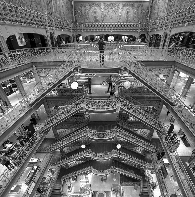 Staircases in the exclusive La Samaritaine department store, black and white, Paris, France
