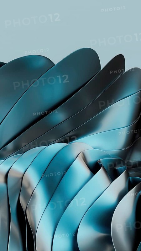 A captivating abstract image featuring metallic blue waves in a dynamic, fluid 3D design. The smooth texture and gradient give a sense of movement and elegance