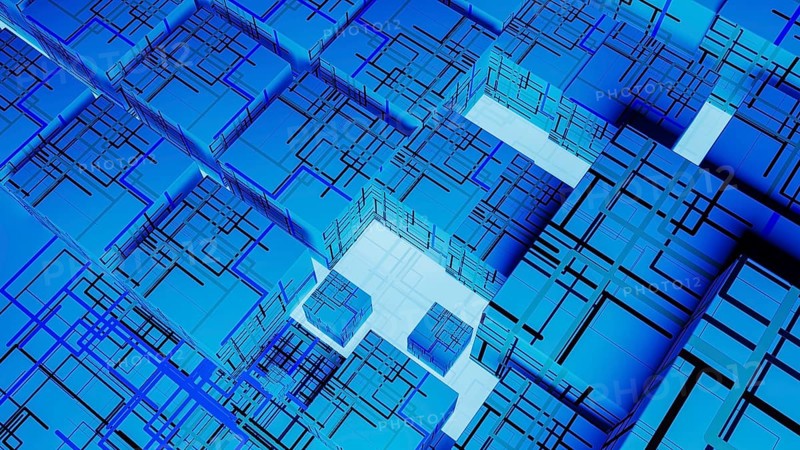 Vibrant abstract background showcases interconnected cubes, representing technology and data in a digital landscape