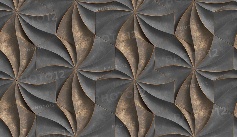 3D expensive wallpaper of architectural modules is black and brown with red gold frayed edges. Realistic seamless texture of high quality