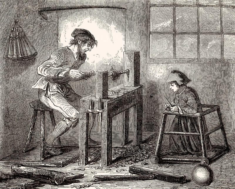 Wood lathe operator, 18th century, Wood turner at a wood lathe, 18th century