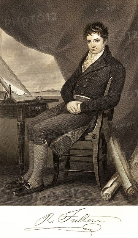 Robert Fulton (1765-1815) engineer, builder of the first steamships and the submarine Nautilus, construction of the paddle steamer Clermont, room, chair, sitting, sailing ship, seafaring, paper rolls, young man, thoughtful look, portrait of famous Americans, signature, artist Alonzo Chappel, steel engraving, historical illustration 1862