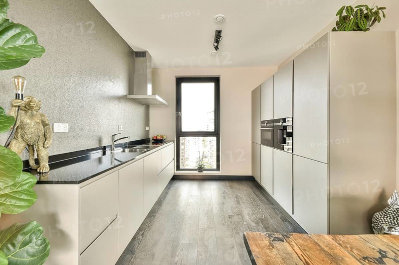 A contemporary kitchen showcasing elegant cabinetry, sleek countertops, and modern appliances, complemented by green plants and tasteful decor