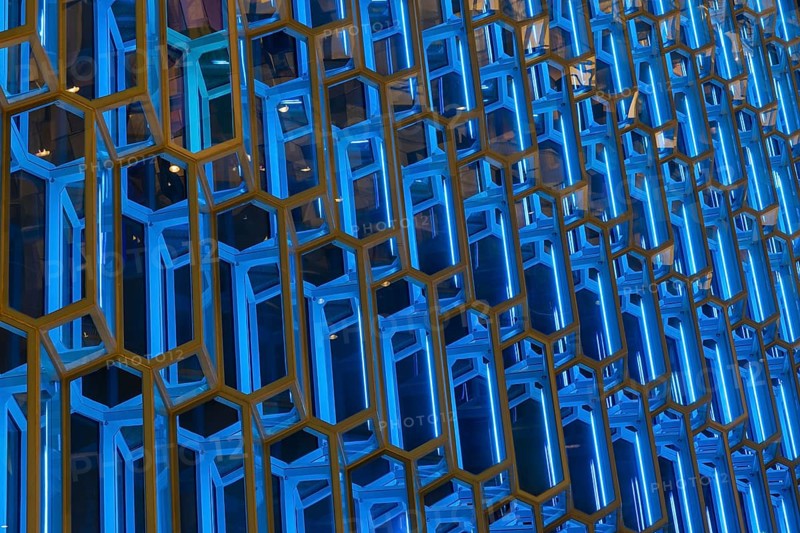 Harpa concert hall, Tónlistar- og ráðstefnuhúsið í Reykjavík, honeycomb façade from inside, Reykavik, Iceland, Scandinavia