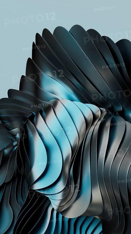 A dynamic abstract 3D design featuring smooth metallic blue and black curves creating a wave like pattern. Ideal for modern digital art, backgrounds, or creative projects