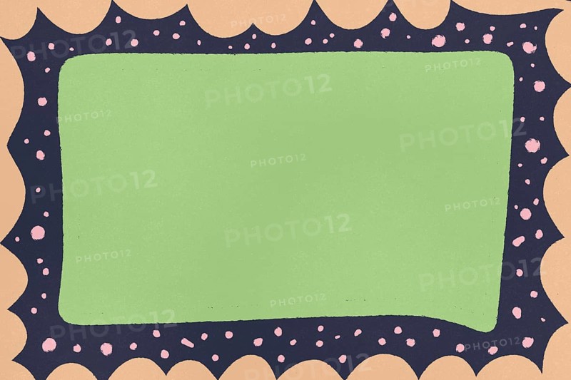 A whimsical illustration featuring scalloped edges in a playful layout. The design showcases a soft green center surrounded by a blue border with scattered pink dots