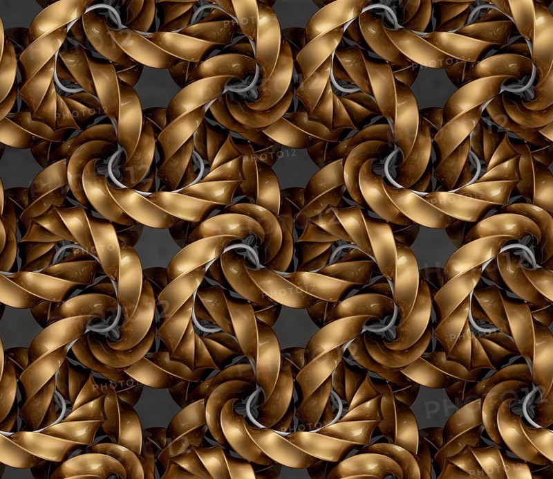 An exquisite, seamless 3D geometric pattern featuring intertwined gold 4D rings