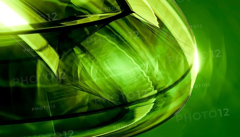 Dynamic abstract image 3D of a spiral glass structure in vibrant green tones, reflecting light. The modern design creates a futuristic atmosphere of movement and depth