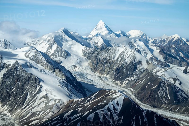 Snow and ice, epic mountains with glaciers, aerial view, Alaska Range, Denali National Park, Alaska, USA