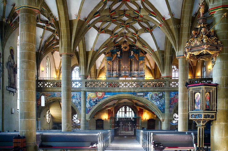 Interior photo, organ in the gallery, vaulted ceiling, evangelical town church, Bad Wimpfen, Kraichgau, Baden-Württemberg, Germany