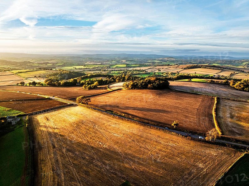 Colours of Devon Farms and Fields over Berry Pomeroy from a drone, Totnes, England, United Kingdom