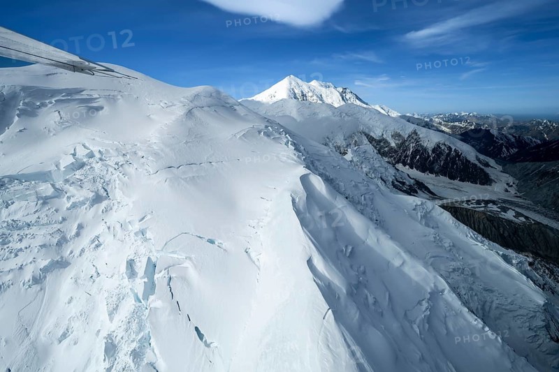 Mt Denali or Mount McKinley with glacier, aerial view, Alaska Range, Denali National Park, Alaska, USA
