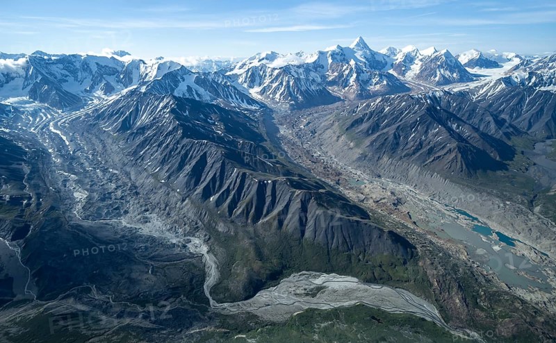Melted glacier, glacier bed, aerial view, Alaska Range, Denali National Park, Alaska, USA