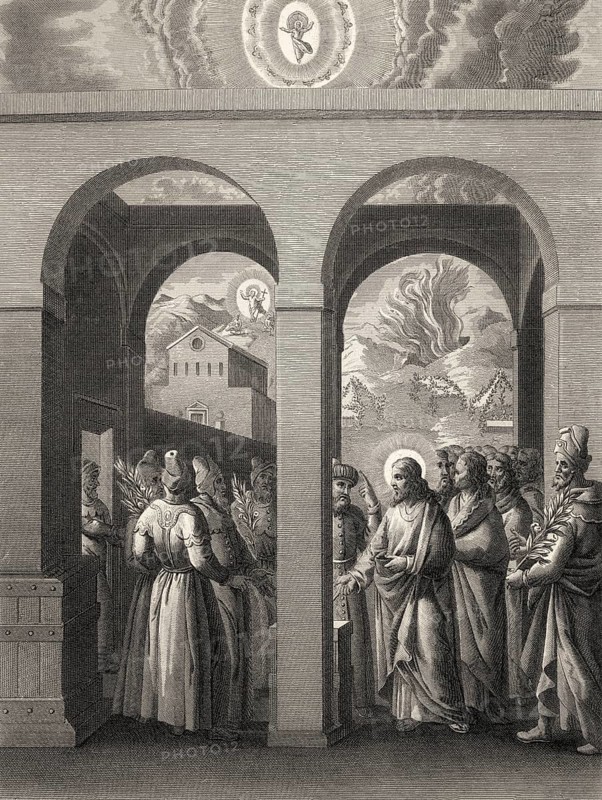 Pharisees try to trap Jesus, New Testament, steel engraving 1853, digitally restored