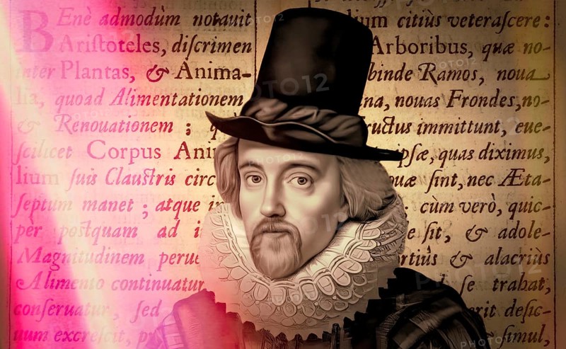 Portrait of Sir Francis Bacon, 1561 - 1626, English lawyer, statesman, essayist, historian, intellectual reformer, philosopher and scientist, text from his book ‘Historia vitae et mortis‘