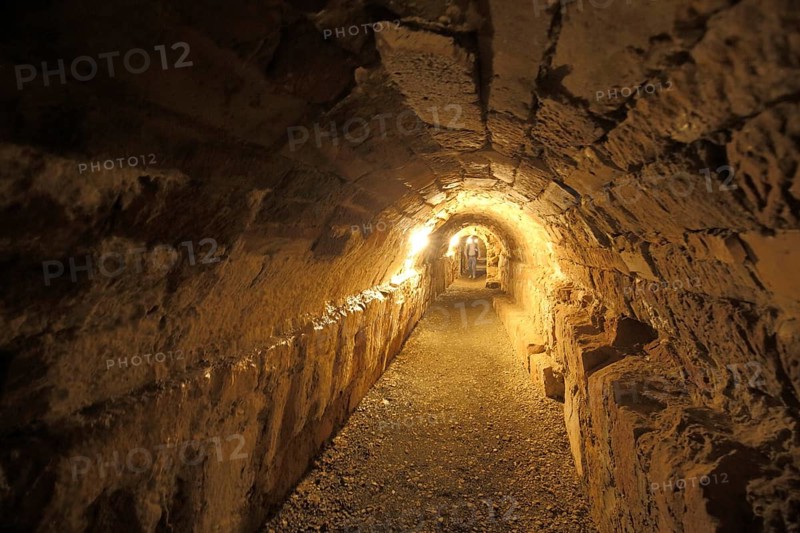 Dark corridor with vault and lighting, underground, vaulted cellar, cellar, shaft, interior view, casemates, castle, Marburg, Hesse, Germany