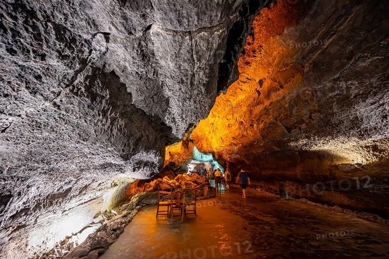 Underground cave formed by lava flow, illuminated lava cave, Cueva de los Verdes, Lanzarote, Canary Islands, Spain