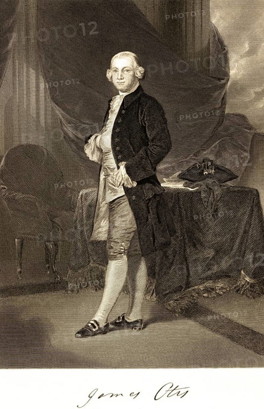 James Otis (1725-1783) lawyer, congress member of the 13 colonies of North America, fighter for independence from England, portrait of famous Americans, interior, armchair, table, elegant clothes, gaiters, coat, waistcoat, standing, USA, signature, artist Alonzo Chappel, steel engraving, historical illustration 1862