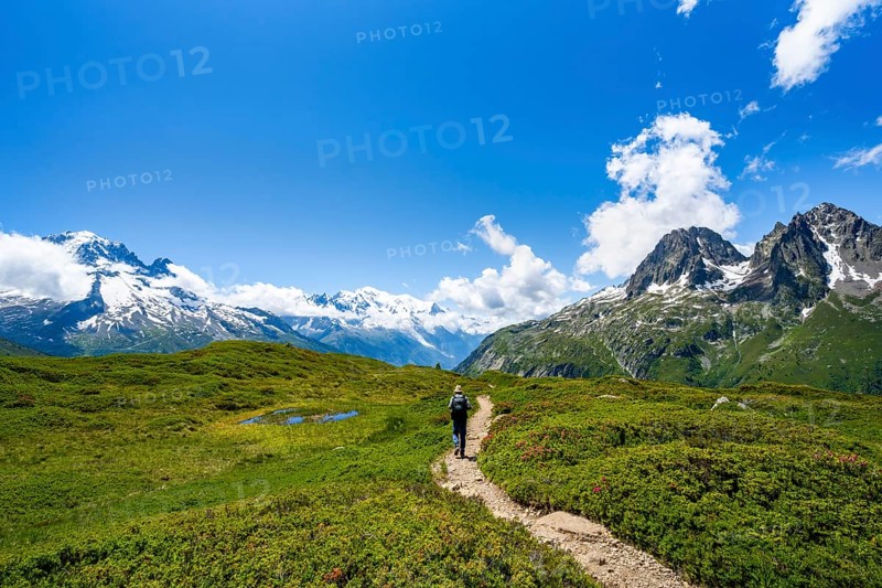 Mountaineers on hiking trail, mountain panorama with glaciated mountain peaks, Aiguille du Midi and Mont Blanc, Aiguille de Mesure and Aiguille de Chamois, hiking to Aiguillette des Posettes, Chamonix, Haute-Savoie, France