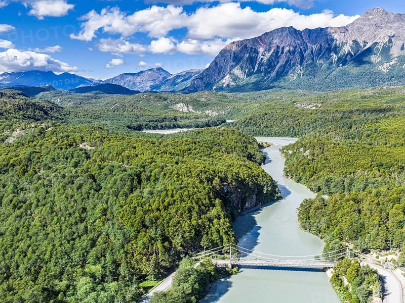Bridge on the Carretera Austral, road X-91, crossing the Mayer River, just north of Villa O' Higgins, aerial view, Patagonia, Chile
