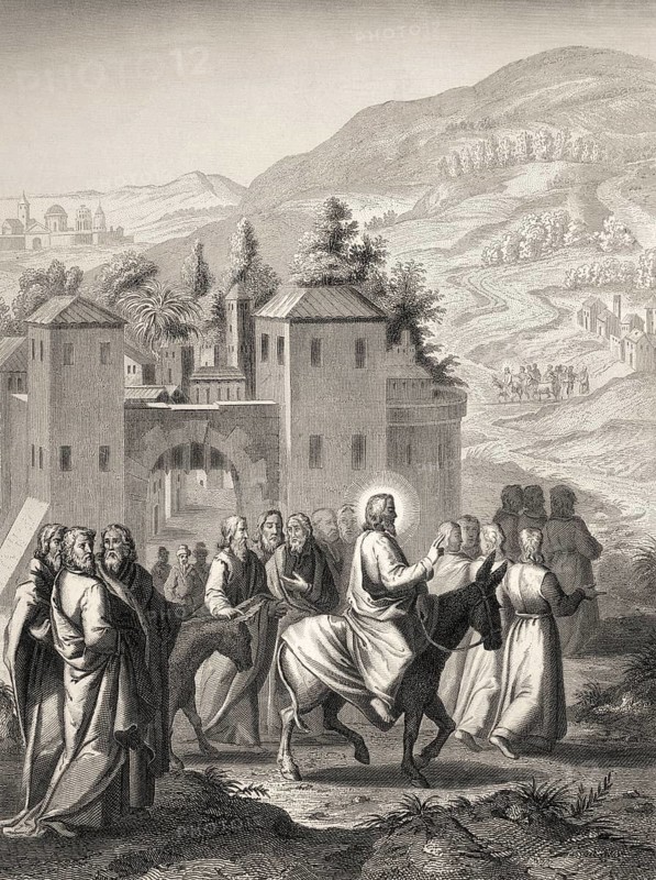 Jesus riding a donkey to Jerusalem, New Testament, steel engraving 1853, digitally restored